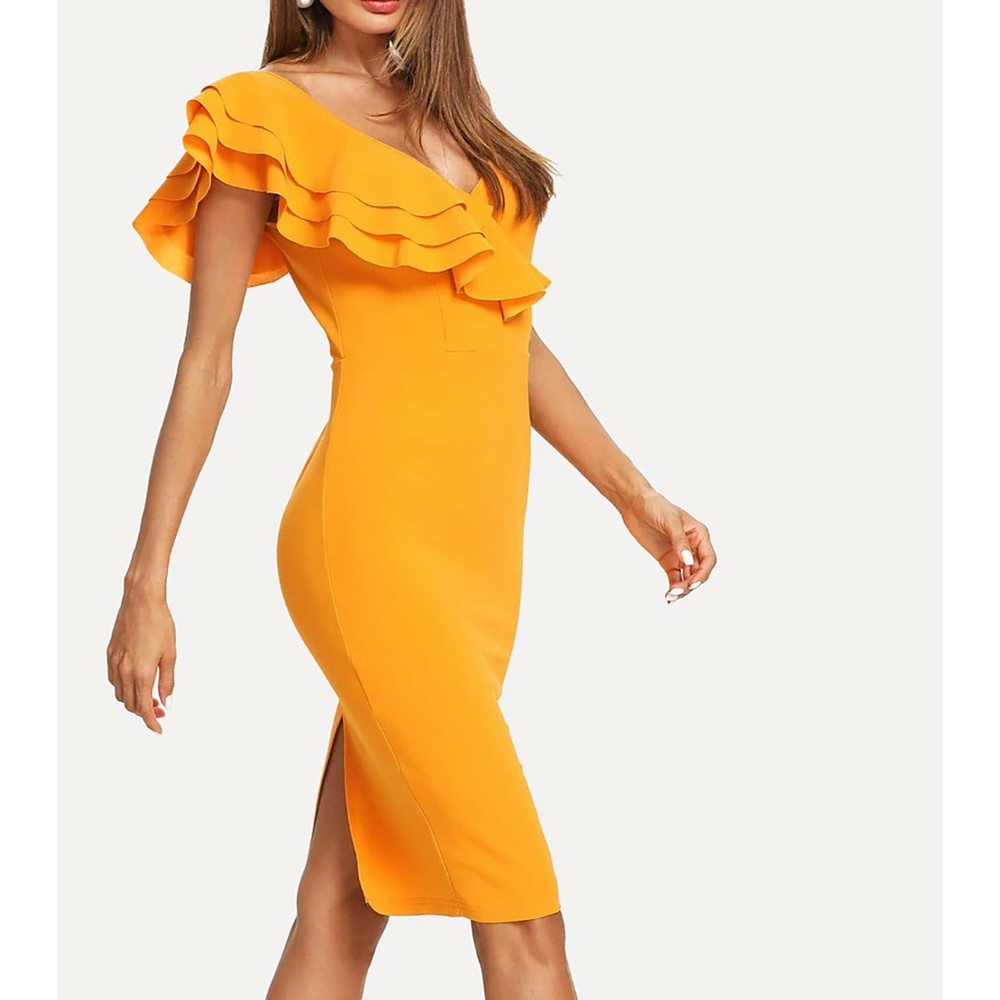 Yellow Ruffle Sleeve Bodycon Pencil Midi Dress - Picture 4 of 7